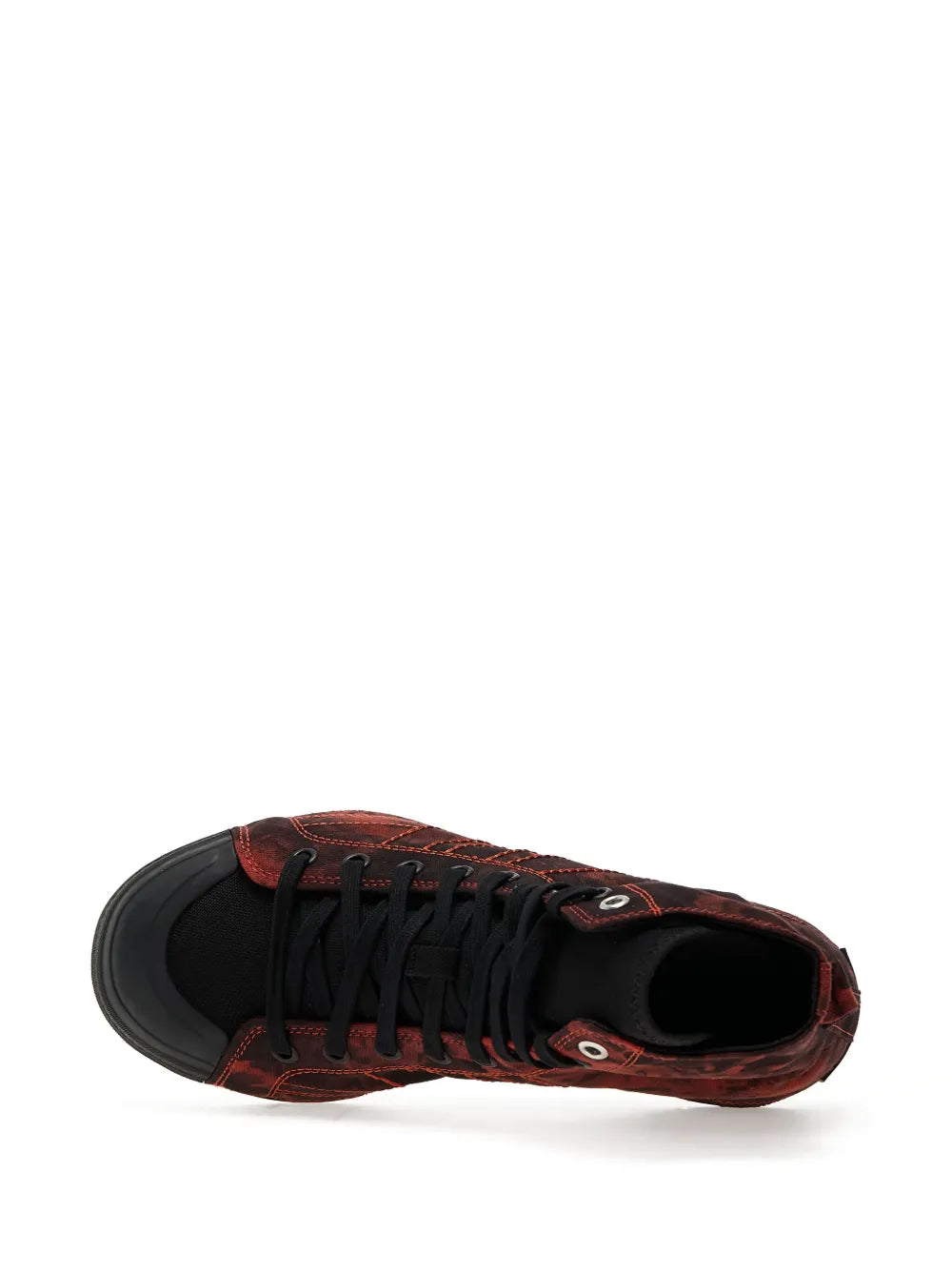 Y-3 Nizza high-top sneaker side view, red tie-dye upper with black sole
