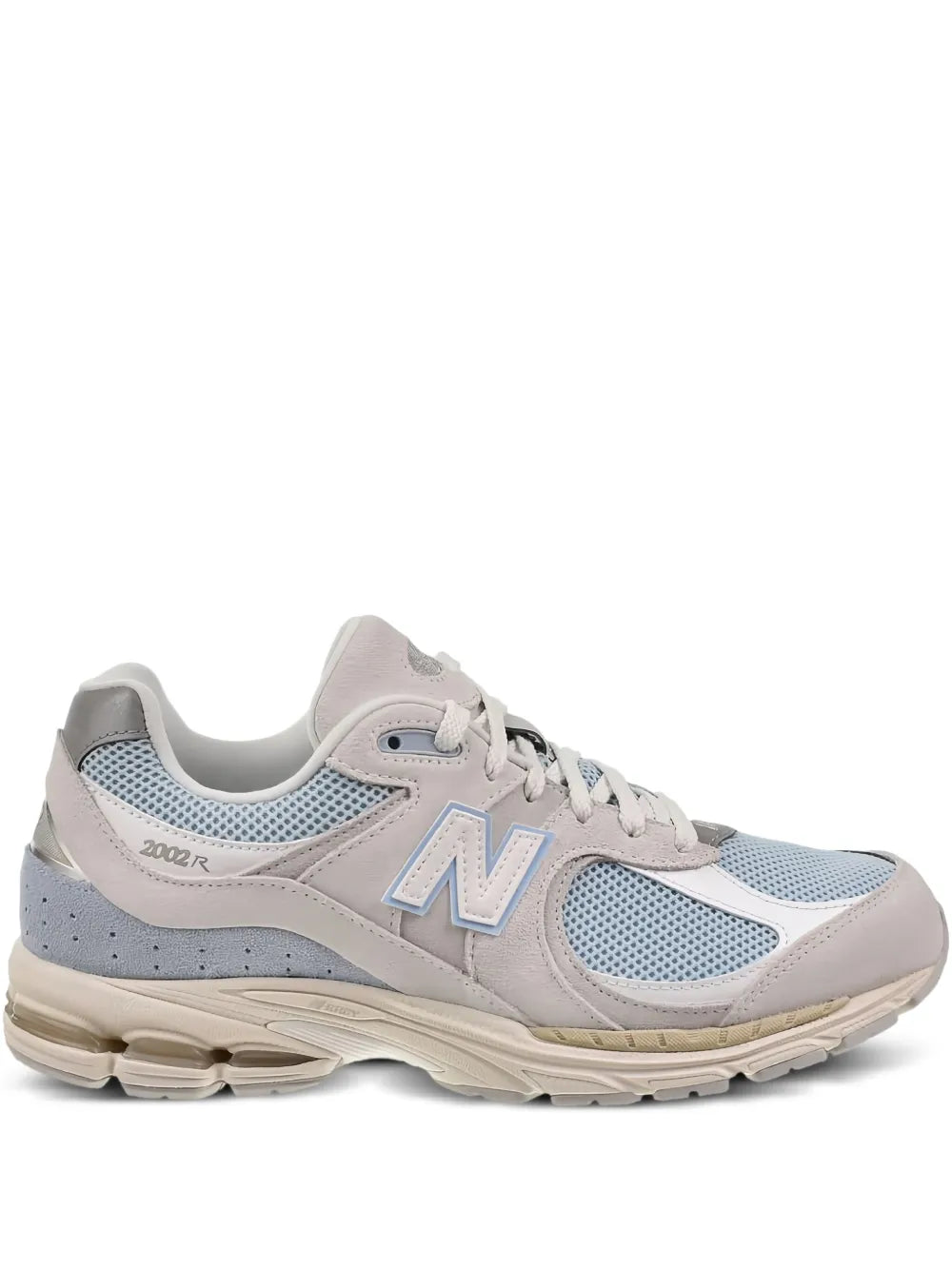 New Balance 2002R mesh sneakers, light blue and beige, lace-up runner with N logo.