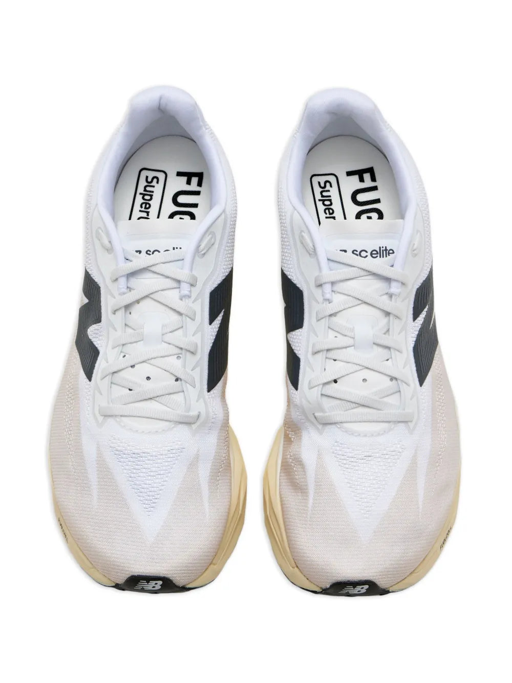 Pair of white lace-up running sneakers with FuelCell text on tongue and heel