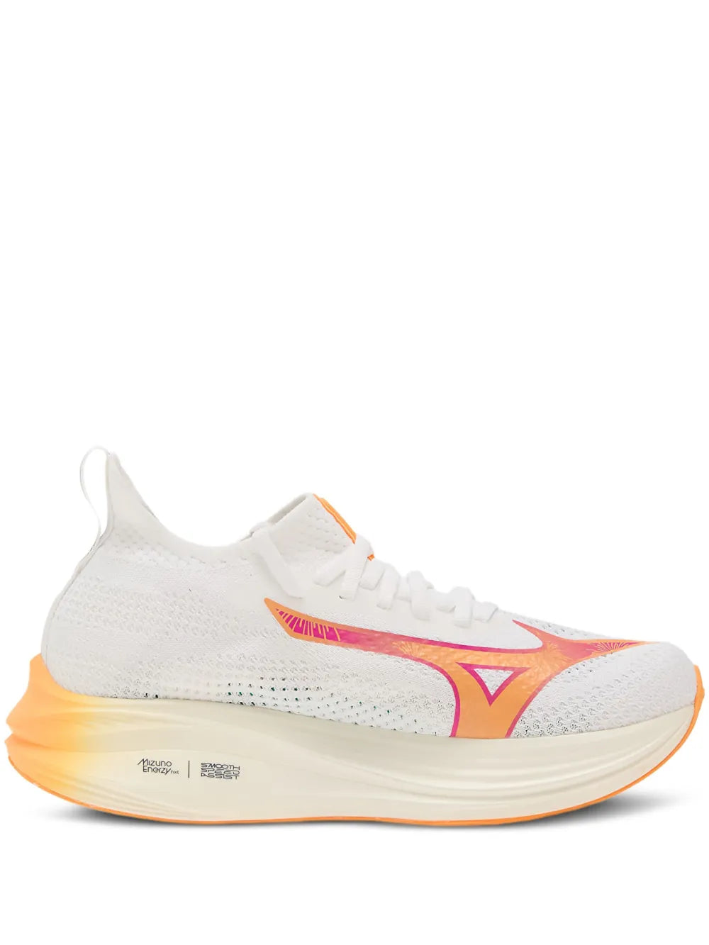 Mizuno Neo Zen white knit sneakers with orange and pink logo, cushioned sole