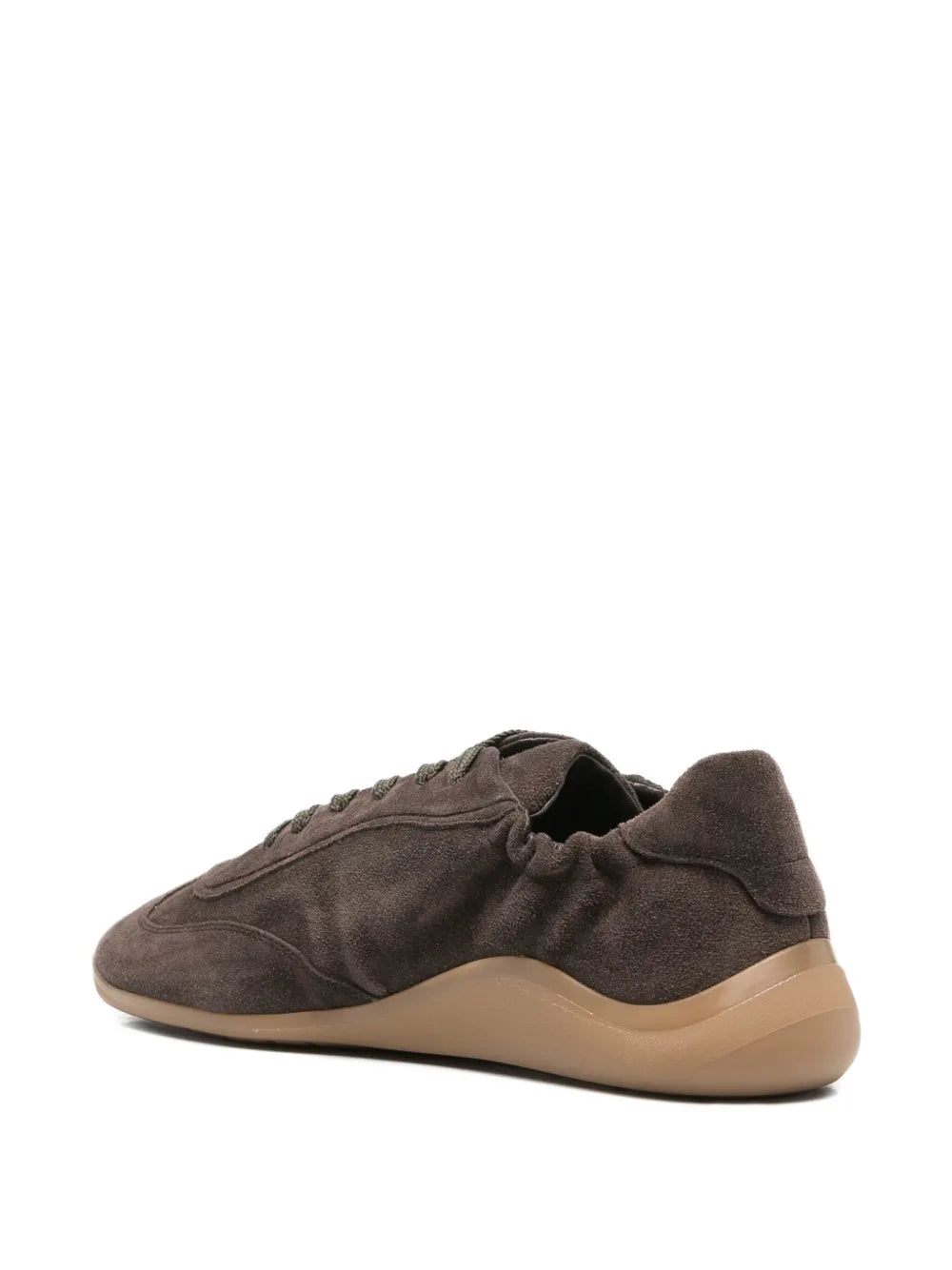 Dark brown suede lace-up trainer heel side view with beige midsole