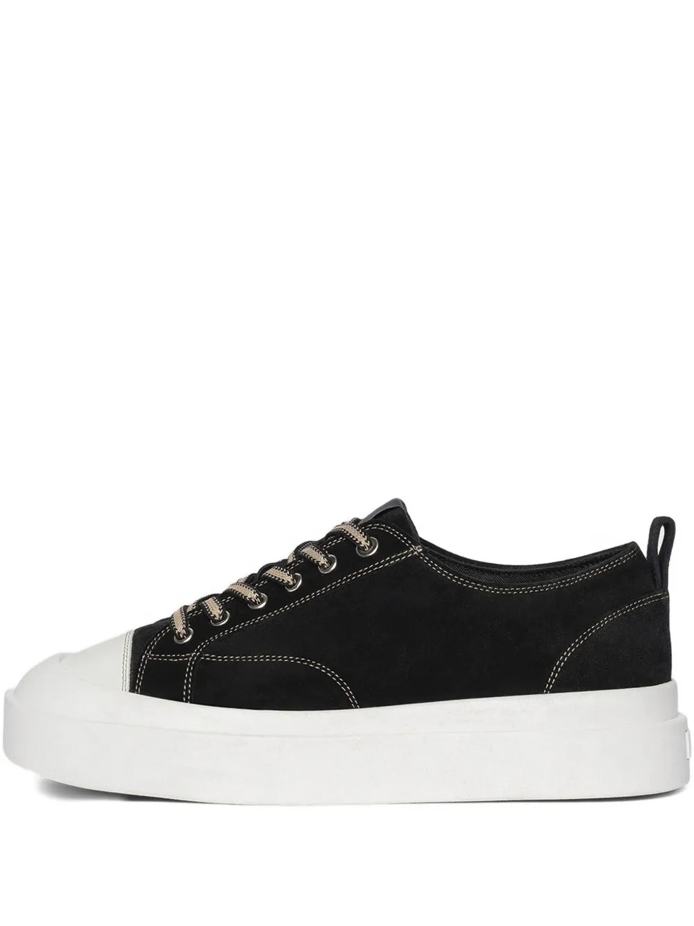 Black suede contrast-stitch lace-up sneakers with white rubber platform sole