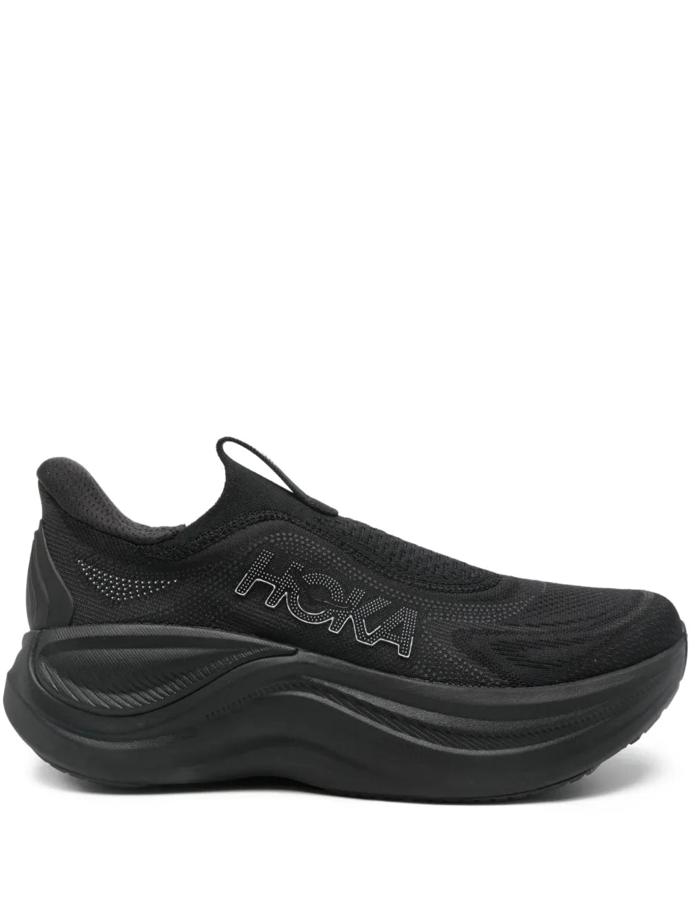 Black Hoka slip-on sneakers with mesh upper and chunky cushioned sole