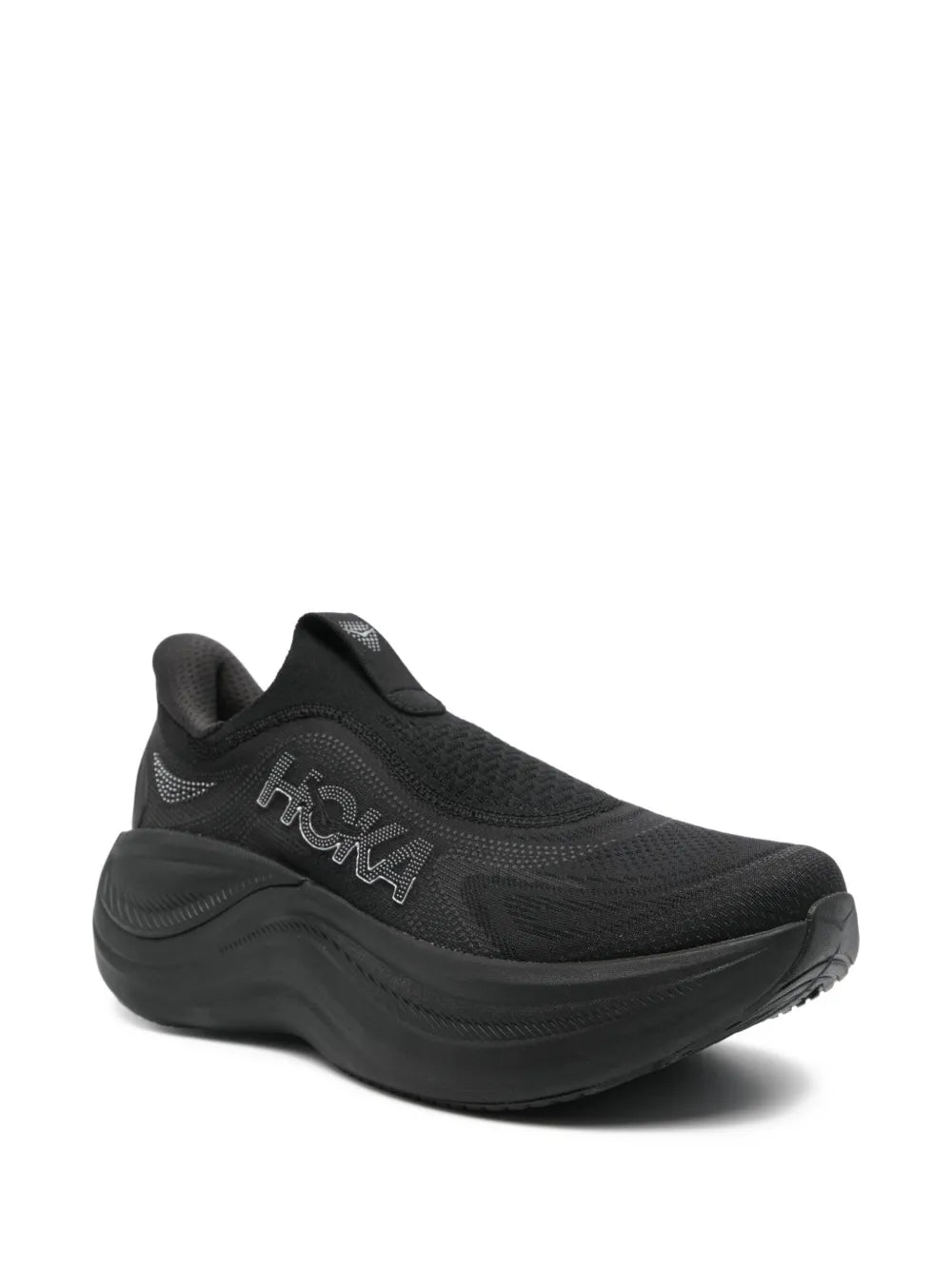 Black Hoka slip-on sneakers with Hoka logo on mesh upper