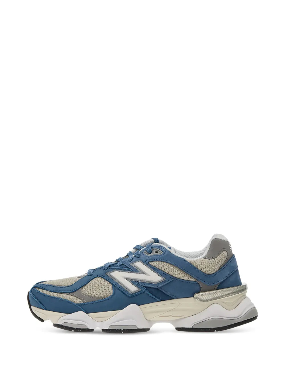 New Balance 9060 sneakers, angled side view with blue upper and beige panels