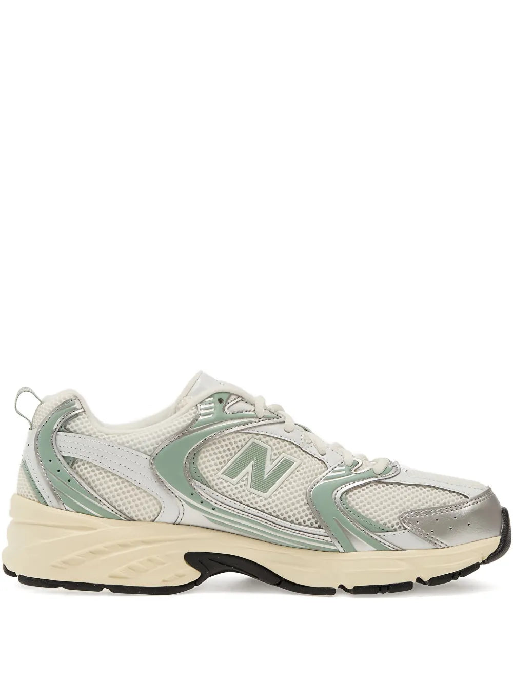 New Balance 530 mesh sneakers in grey and mint with lace-up front and cream sole