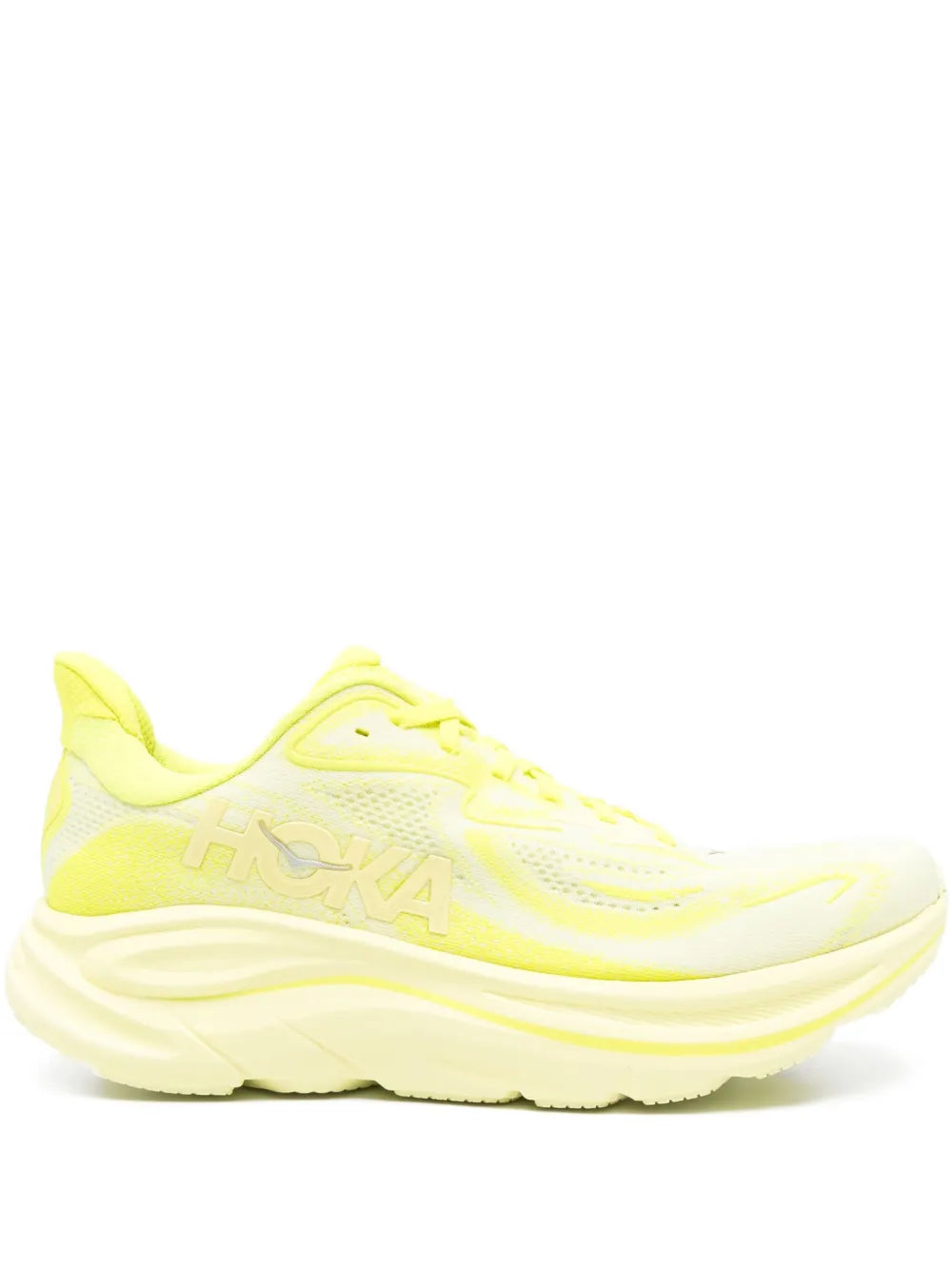 Neon yellow lace-up mesh running trainer with cushioned sole and side logo