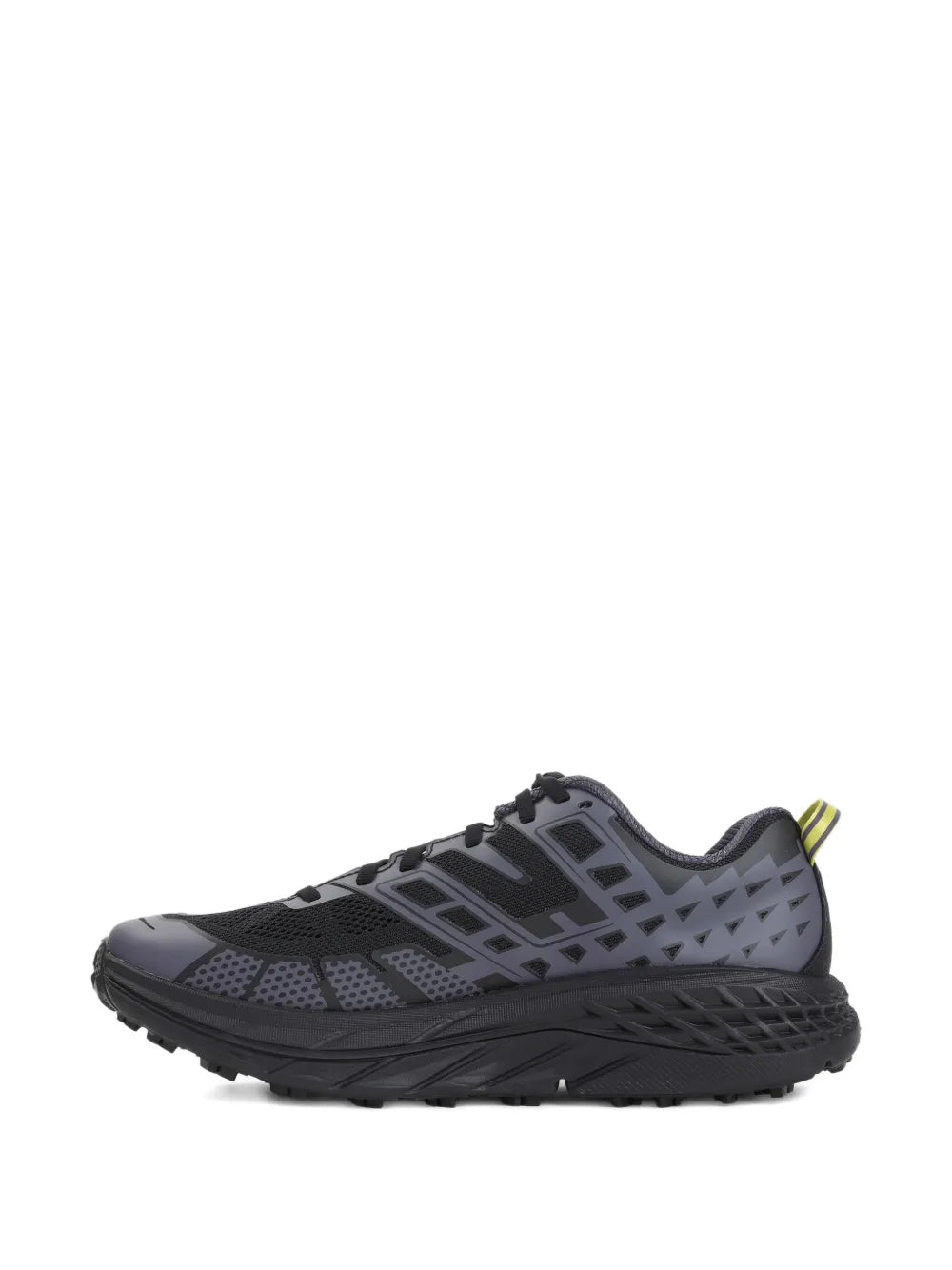 Hoka Speedgoat 2 black lace-up trail sneakers, side profile with textured midsole
