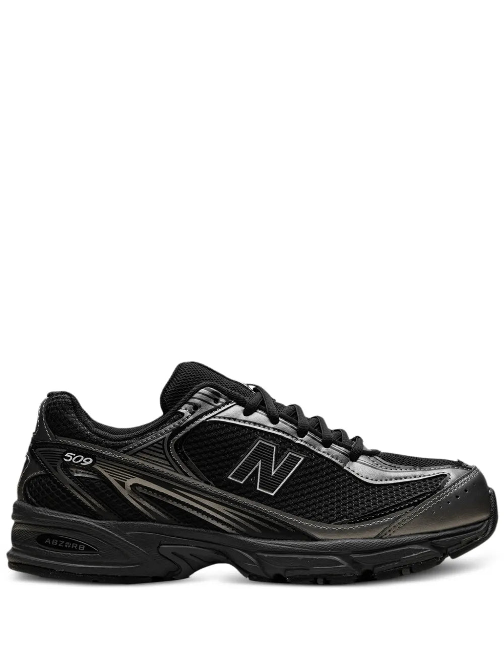Black New Balance 509 sneakers with mesh upper, N logo, lace-up design