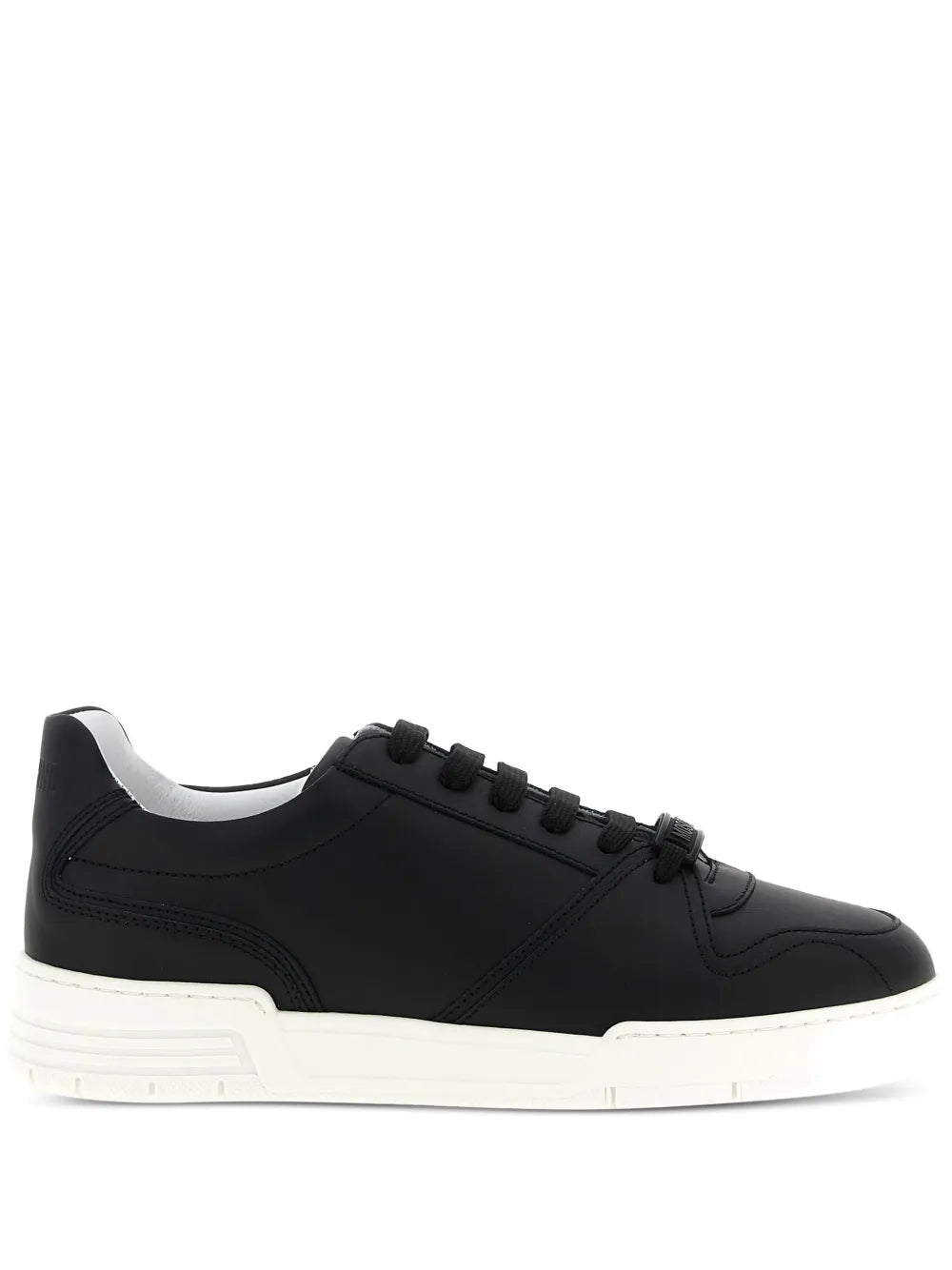 Moschino logo-plaque black leather sneakers, lace-up with white sole