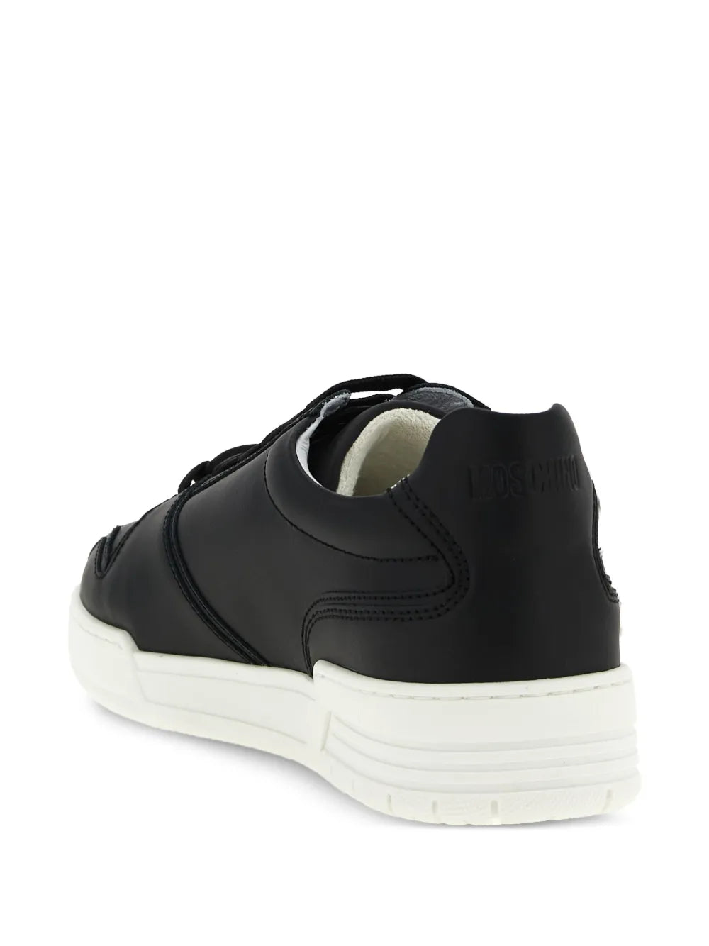 Moschino black leather sneakers, heel and side view with white sole