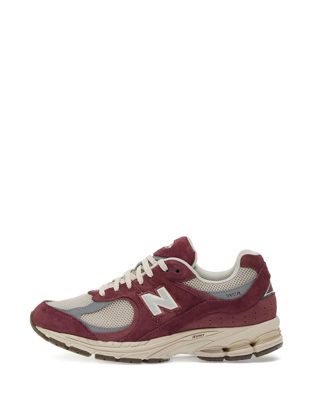 Red suede New Balance 2002R sneakers with off-white laces and side N logo