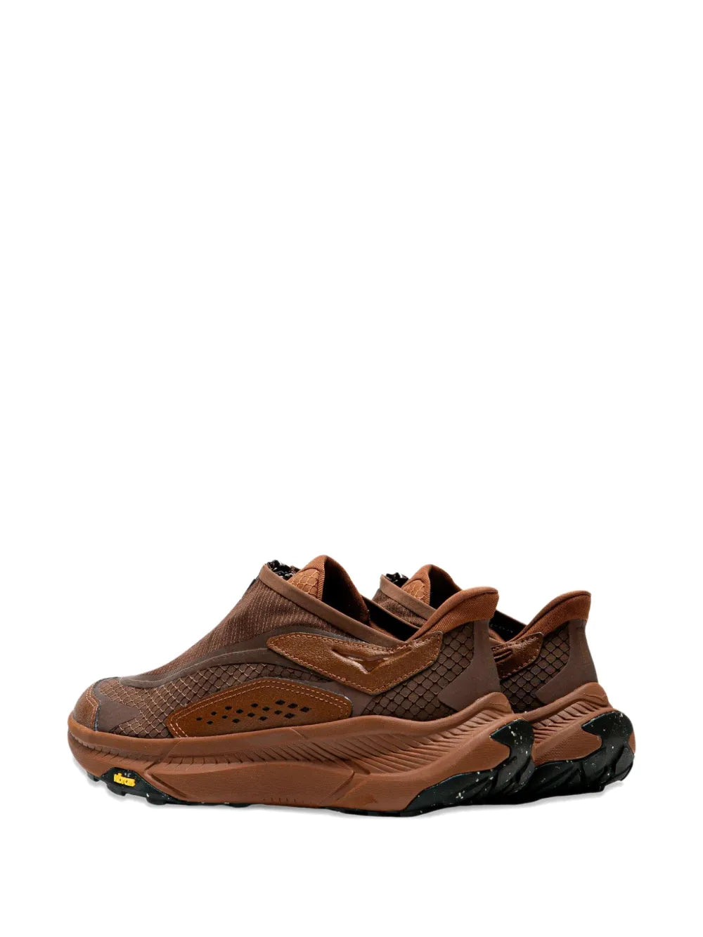 Hoka brown zip-detail sneakers with top strap, textured upper and tread sole
