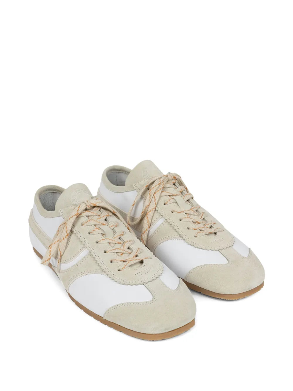 White and beige suede-panel lace-up sneakers with side panel overlays