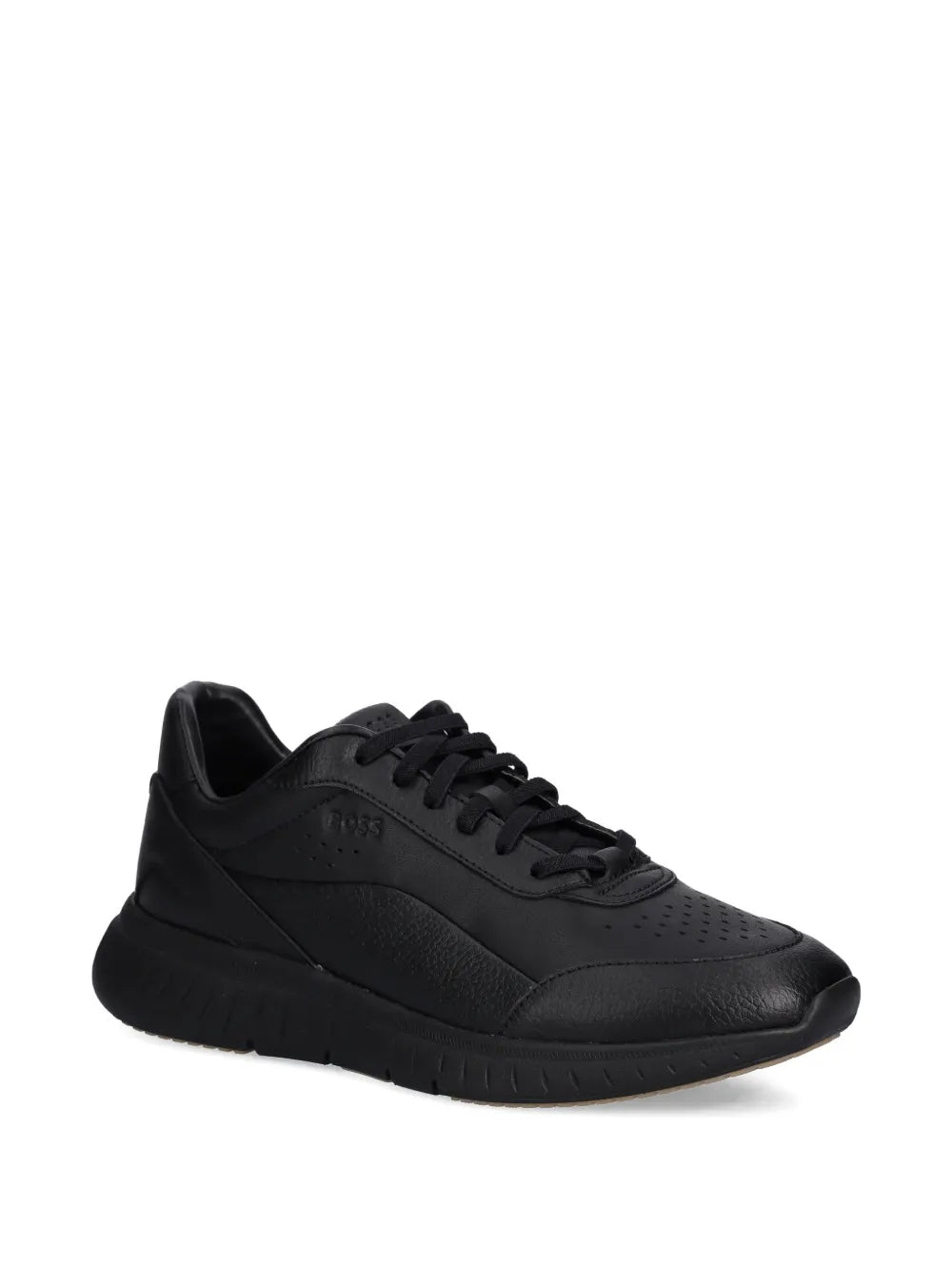 Black perforated sneakers, lace-up with cushioned rubber sole tread