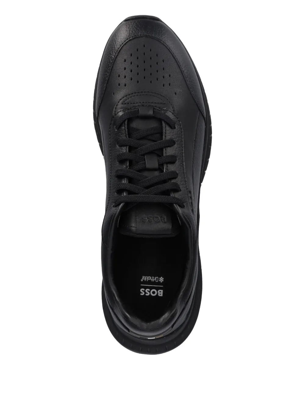 Black lace-up sneakers with perforated toe panel and BOSS logo on tongue
