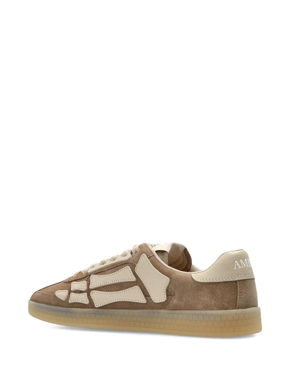 Light brown suede lace-up sneakers with cream geometric overlays and tan rubber sole
