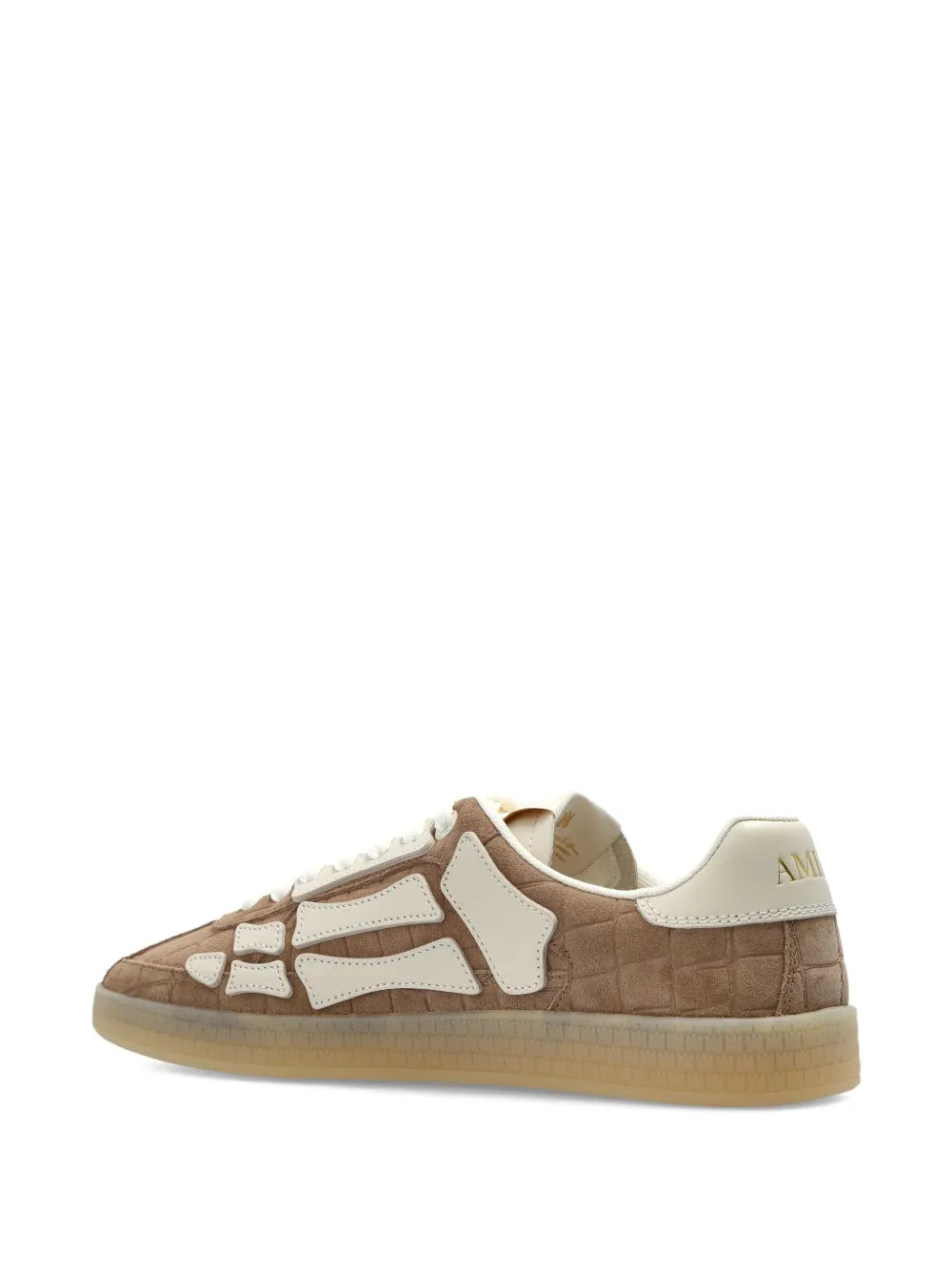 Light brown Amiri sneakers with white panels, heel tab, and crocodile-embossed texture