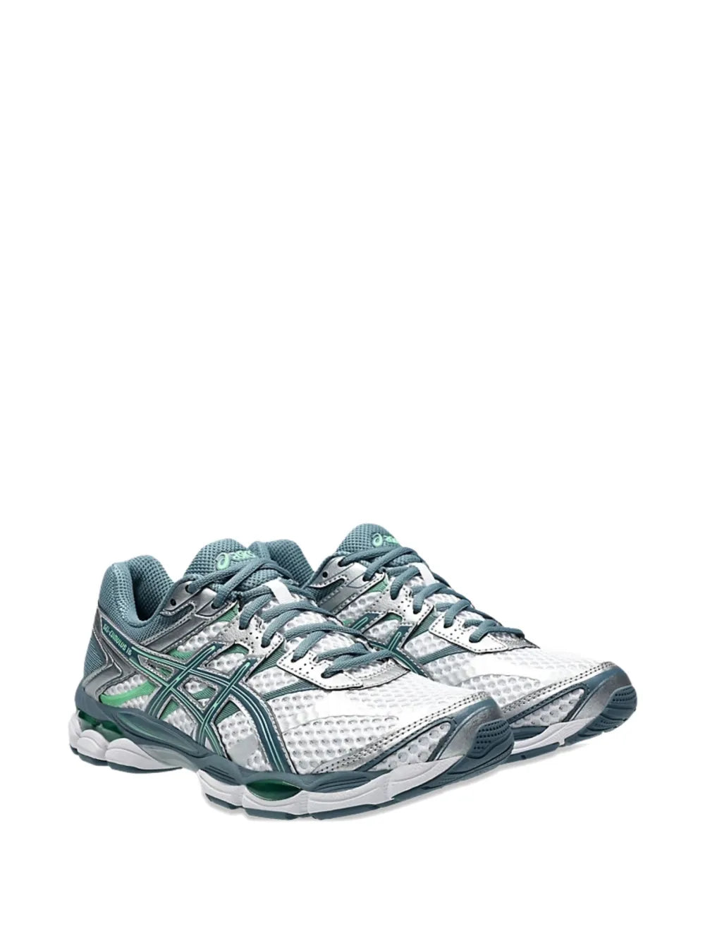 Asics Gel-Cumulus 16 running sneakers, grey mesh with teal laces and patterned panels