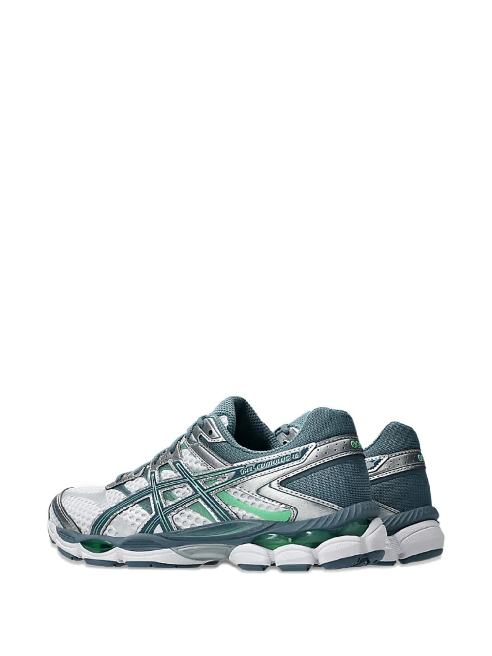 Asics Gel-Cumulus 16 sneakers, grey upper with teal heel and green accent stripes