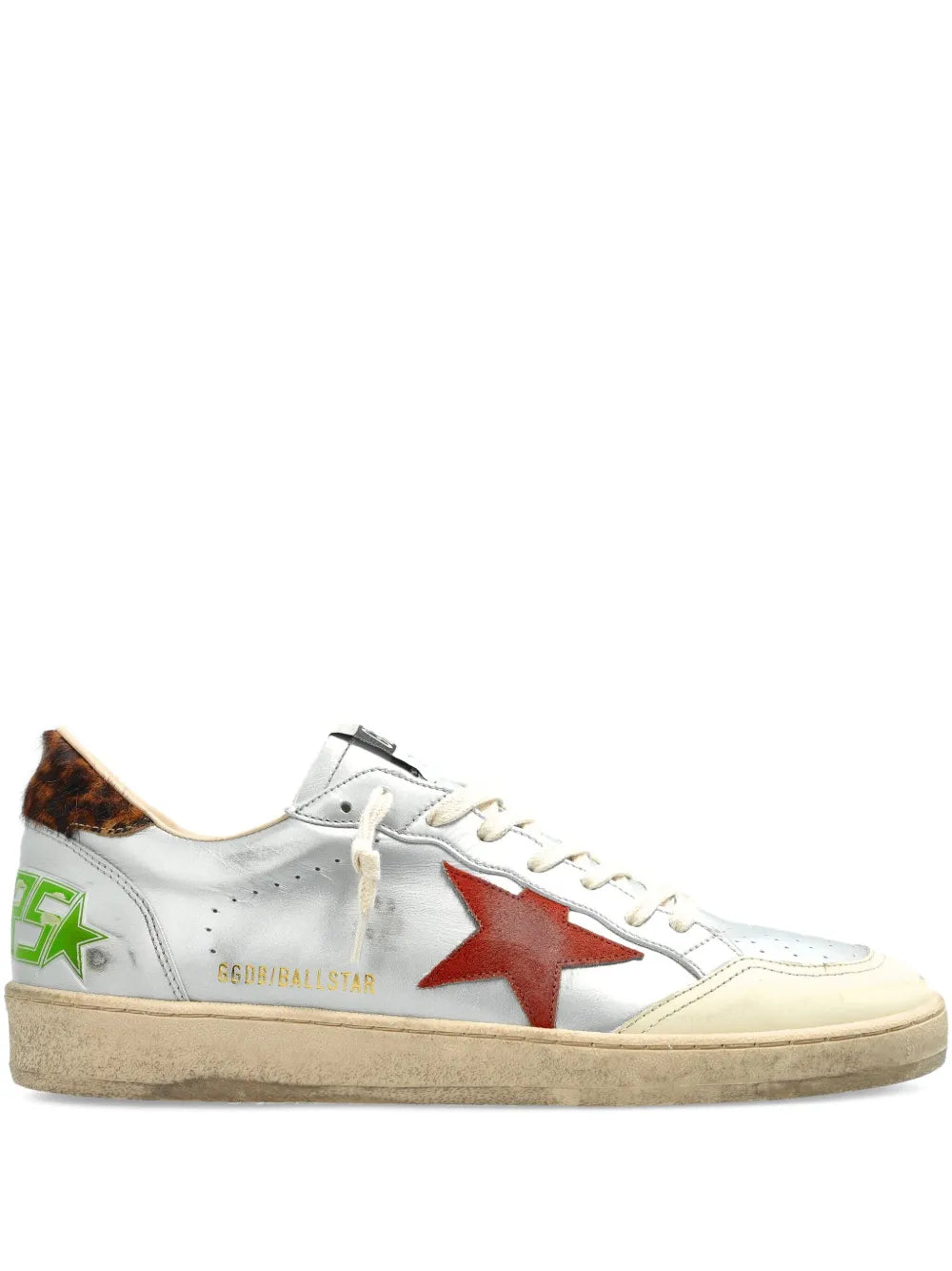 Golden Goose Ballstar sneakers, white leather with red star and leopard heel trim