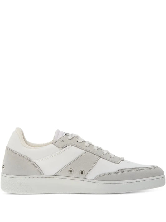 White low-top sneakers with gray panel accents and lace-up front
