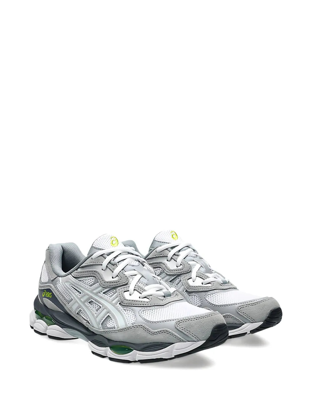 Grey-and-white Asics Gel-Nyc sneakers, lace-up with mesh panels and green sole trims