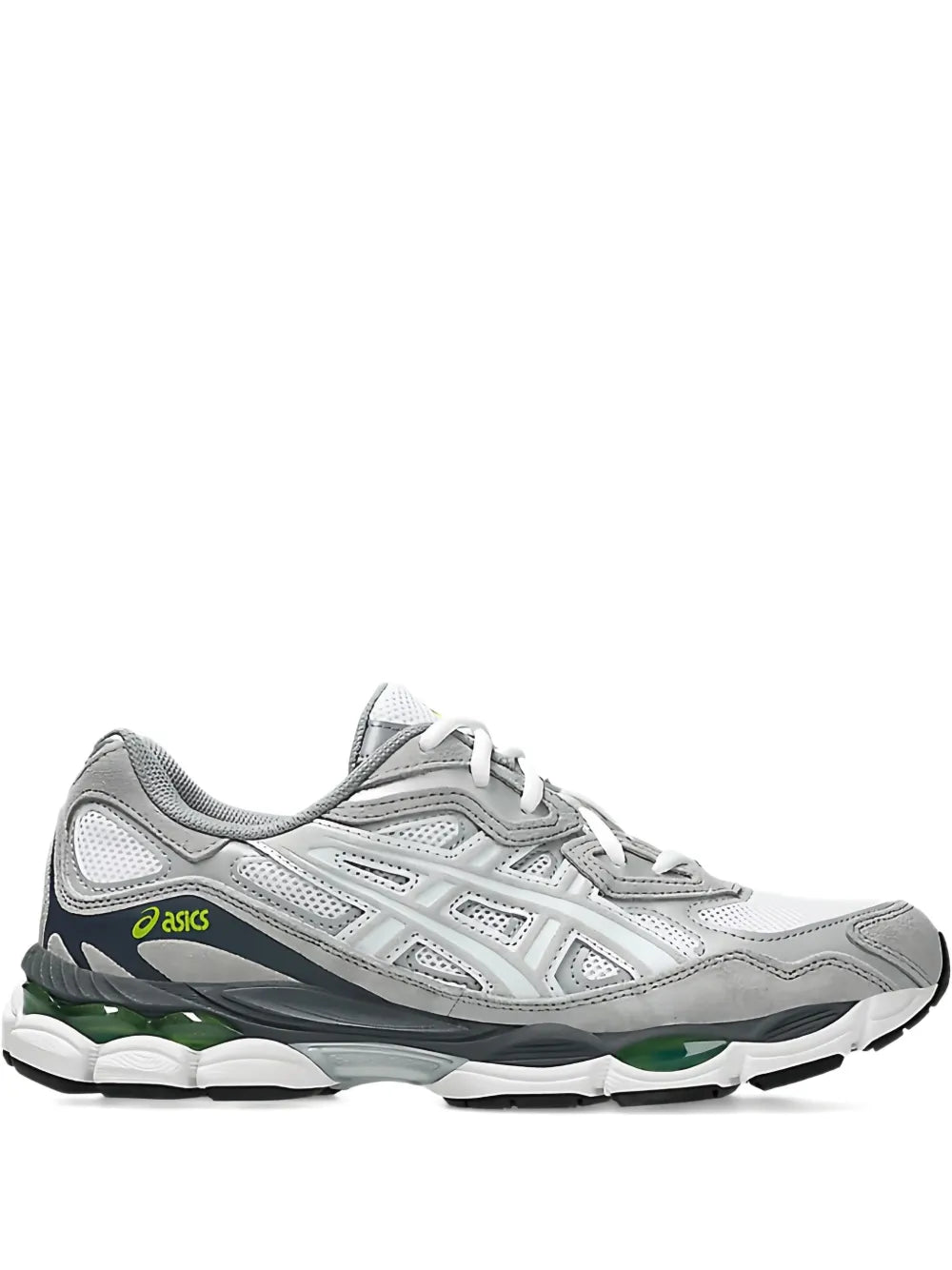 Asics Gel-Nyc grey-and-white running sneakers with green heel accents and lace-up style