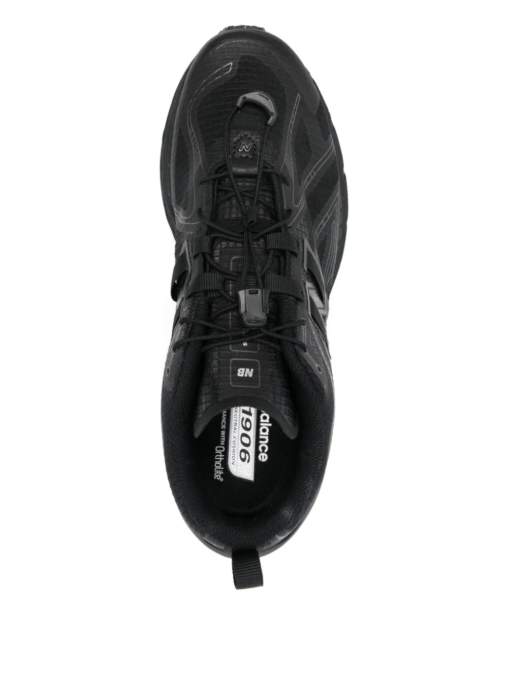 New Balance U1906 black sneakers, heel and tongue view with lace-up eyelets