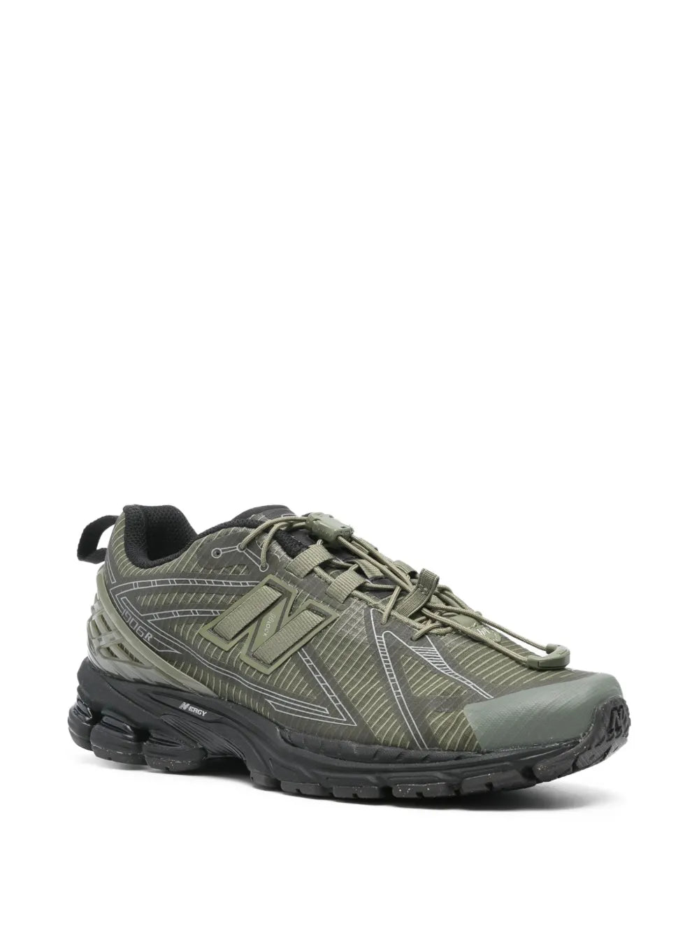 Olive green New Balance 1906R sneakers, side view with textured sole and laces