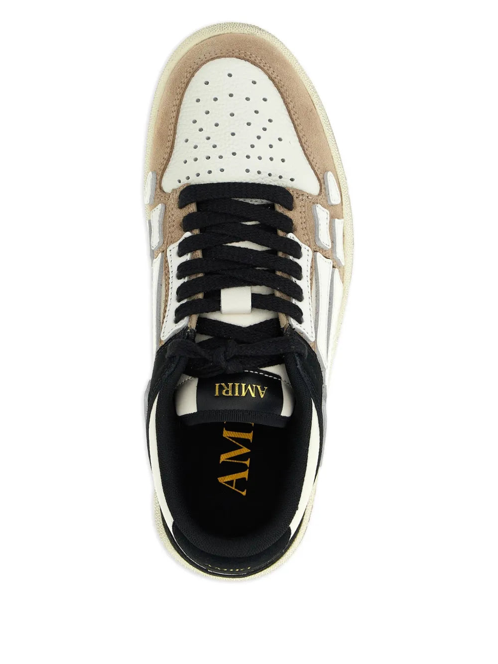 Distressed leather sneaker with perforated toe box, black laces, and AMIRI on tongue