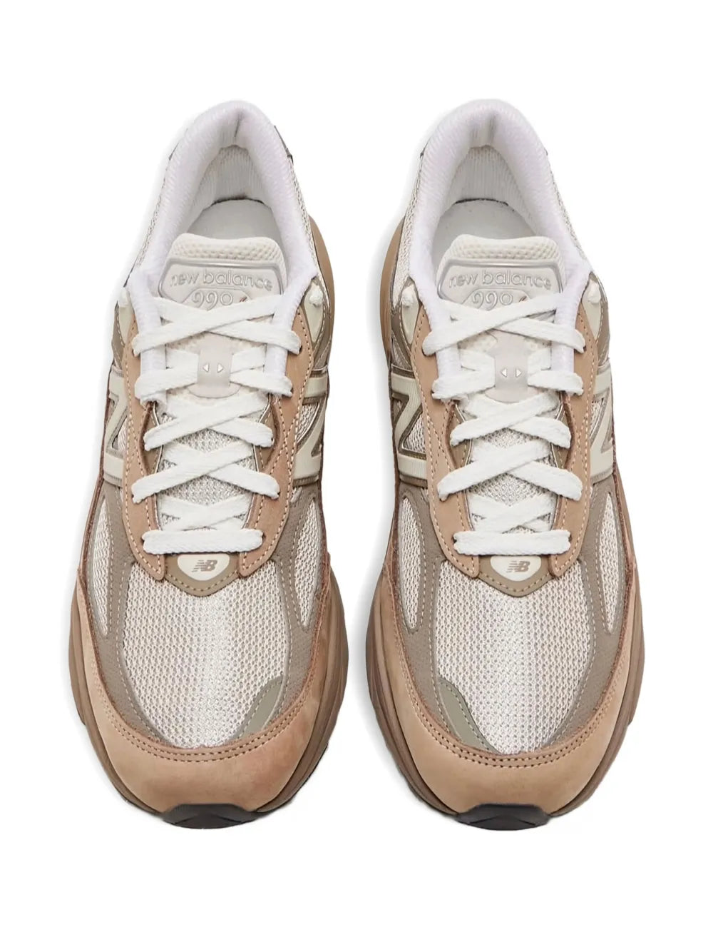 New Balance 990V6 lace-up sneakers with white laces, beige mesh and brown panels