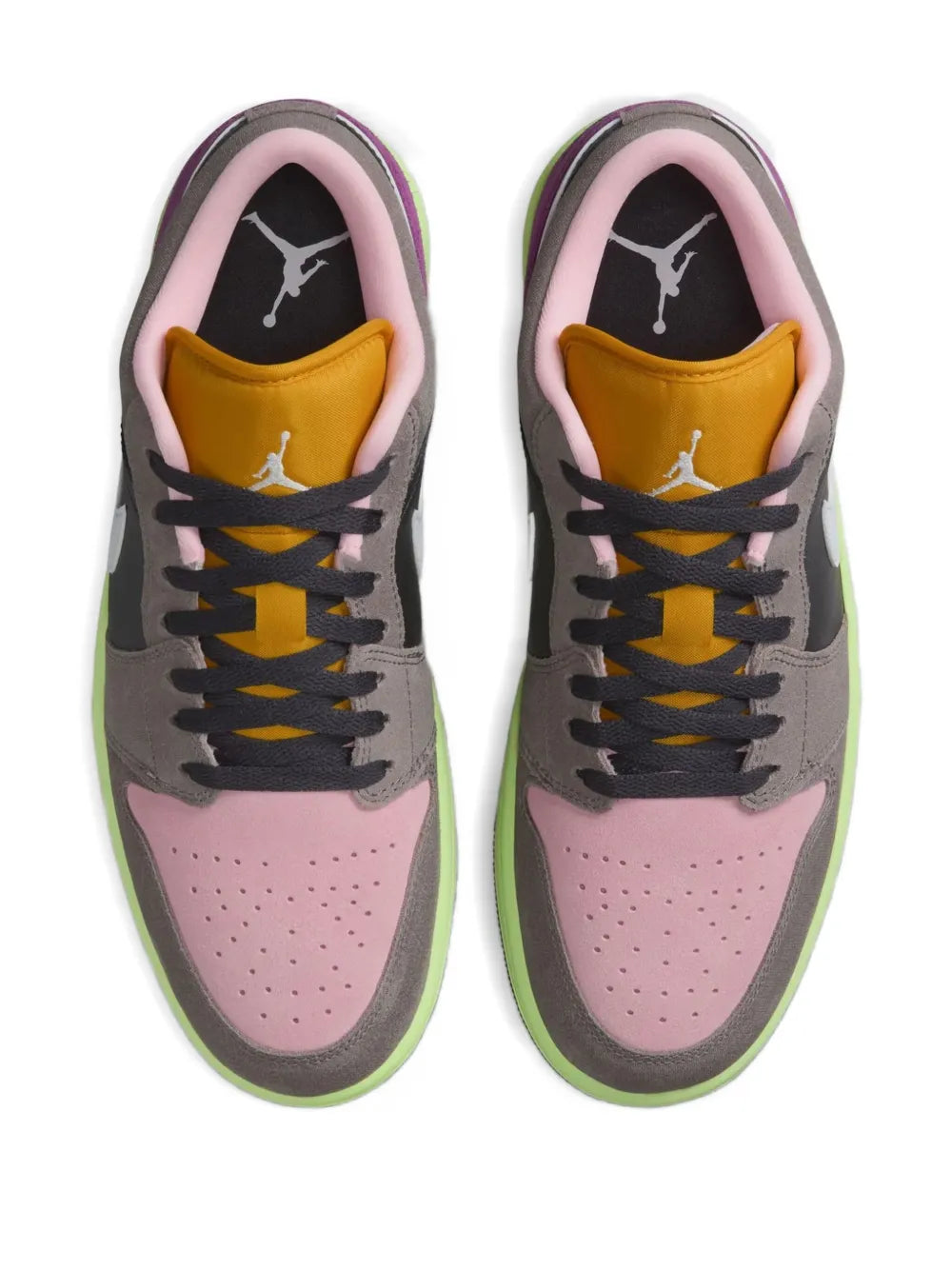 Air Jordan 1 sneakers, grey uppers with pink toe, purple side, yellow laces and logo