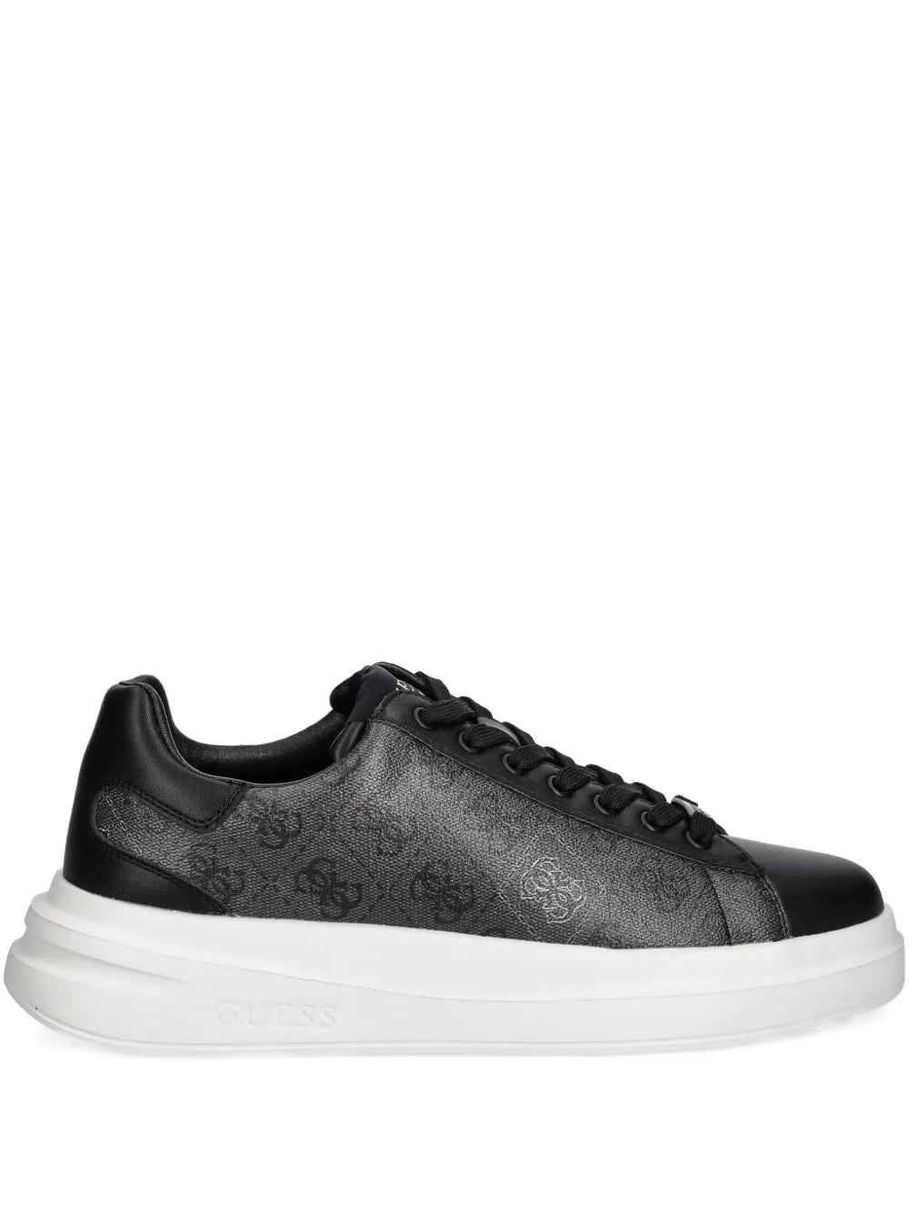 Black lace-up sneakers with subtle logo pattern and white rubber sole