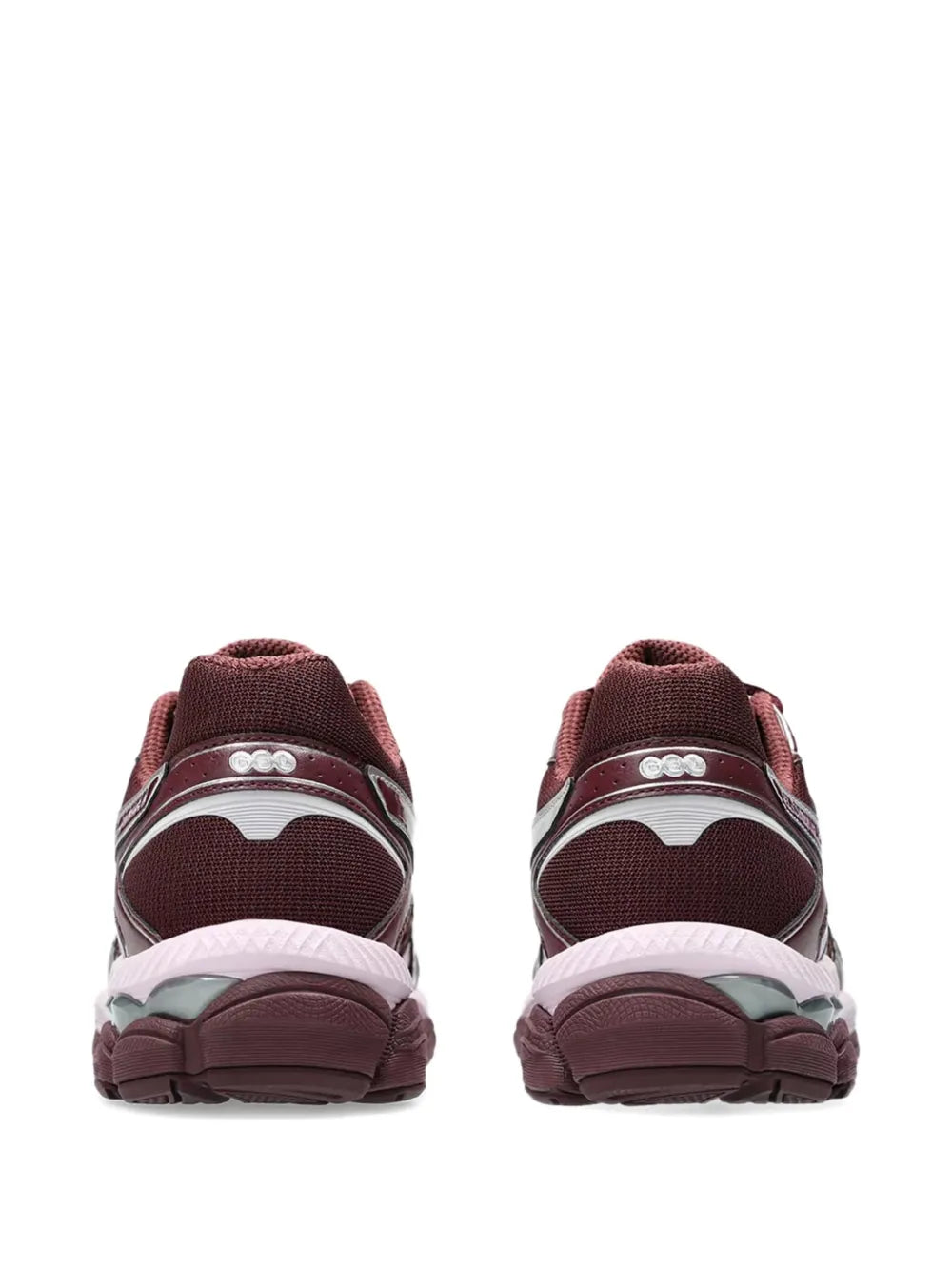 Burgundy running sneakers with lace-up back, cushioned heel and white Asics stripes