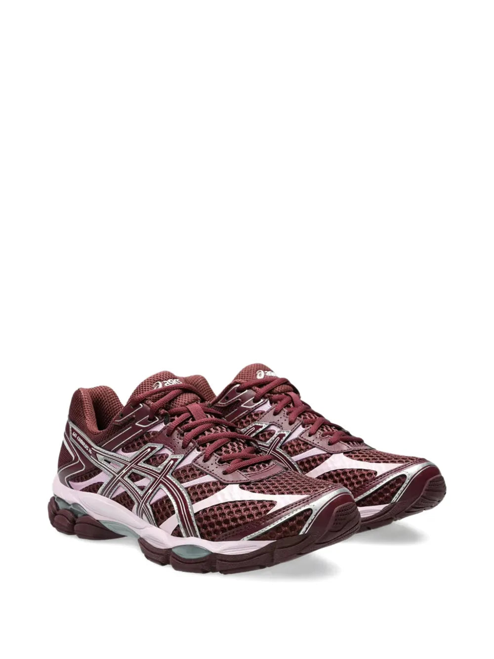 Burgundy mesh lace-up running sneakers, side view with white Asics logo and thick sole