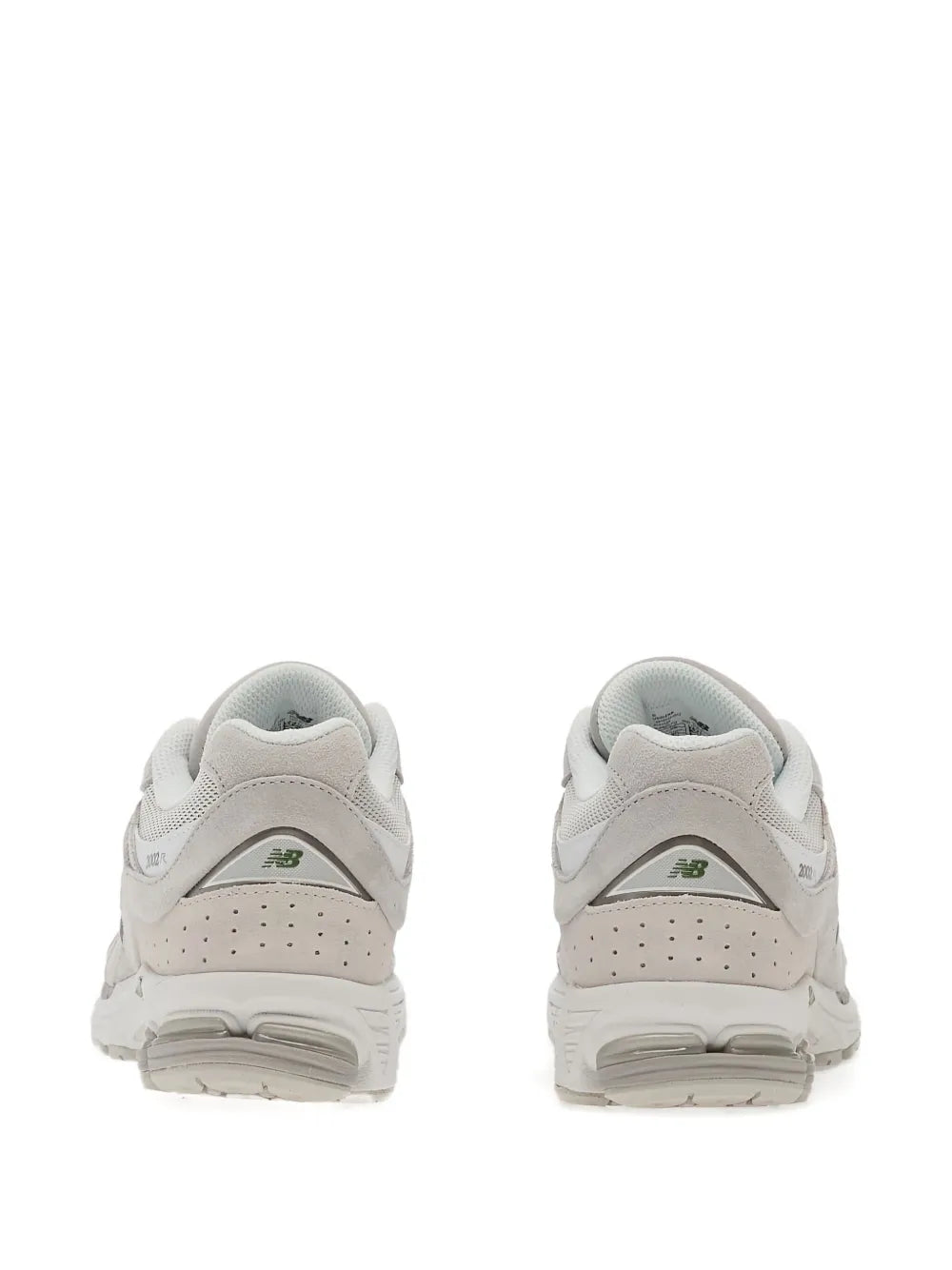 Grey New Balance 2002R trainers, rear view with heel tabs and air-cushion sole