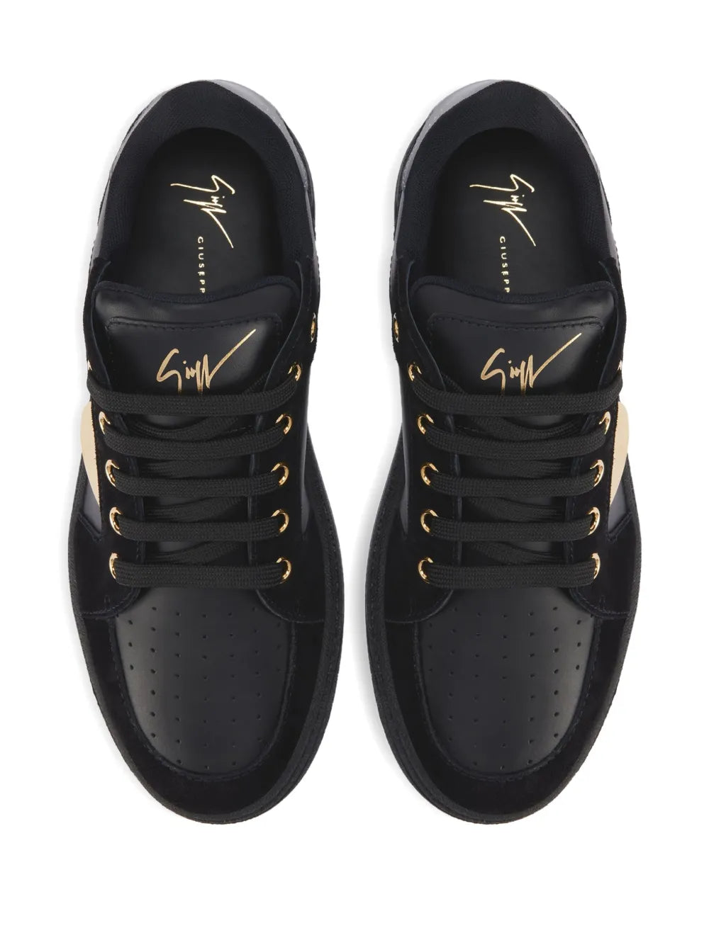Black leather lace-up sneakers with gold signature detail on side and perforated toe