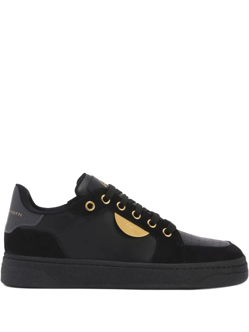 Black leather sneakers with gold logo, lace-up front and perforated toe