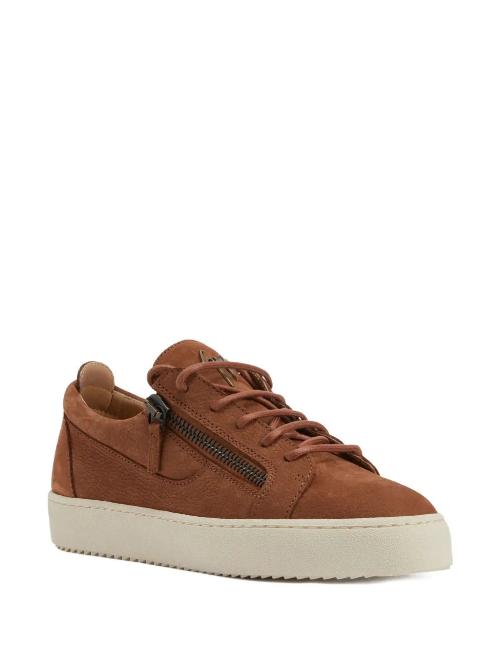 Brown leather sneakers with side zipper detail, lace-up front