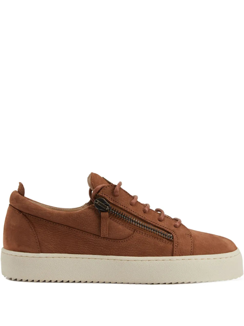 Brown leather sneakers with side zipper and signature-style detail, low profile