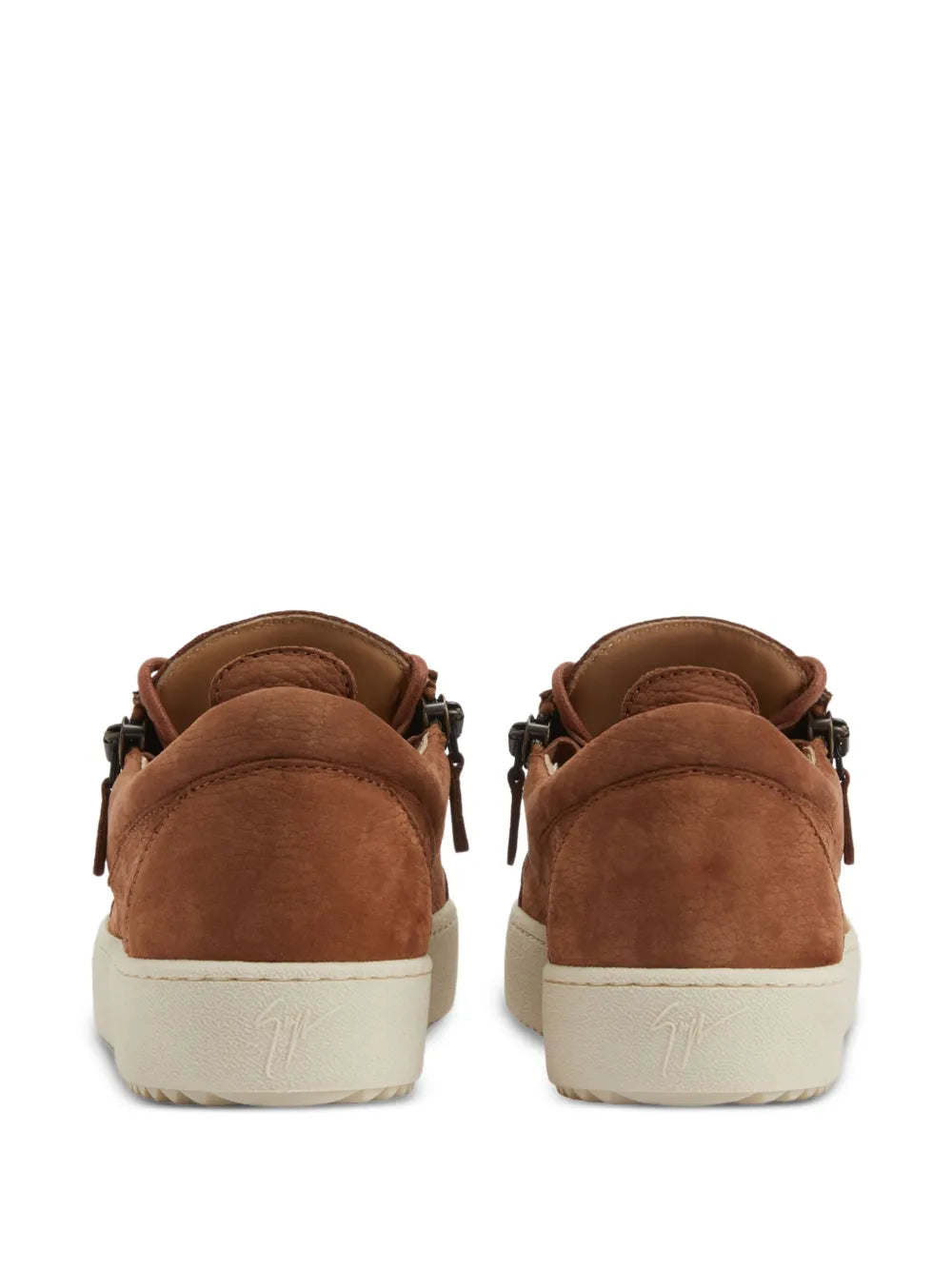 Brown leather sneakers with rear pull tab and side zipper, cushioned heel