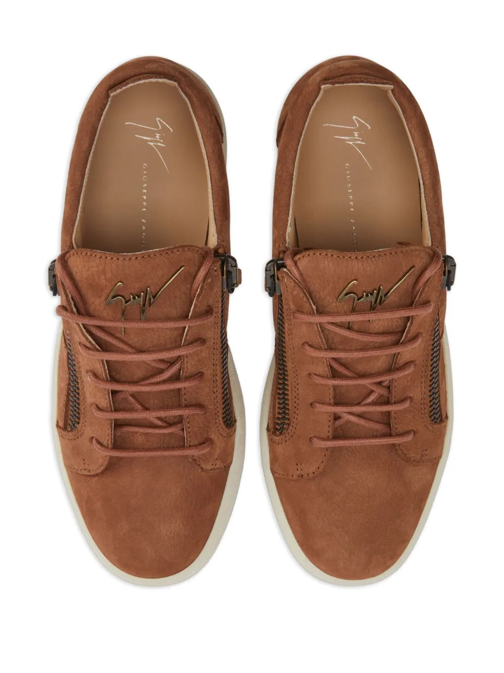 Brown leather sneakers, lace-up with back/side logo stitching and zip detail