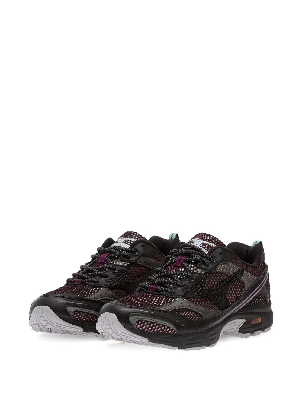 Dark lace-up sneakers side view with purple accents and patterned mesh upper