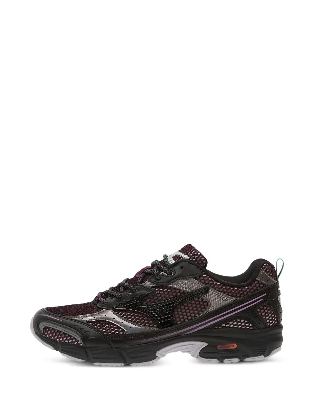 Dark lace-up sneakers with purple trim, mesh panels, and rubber toe guard