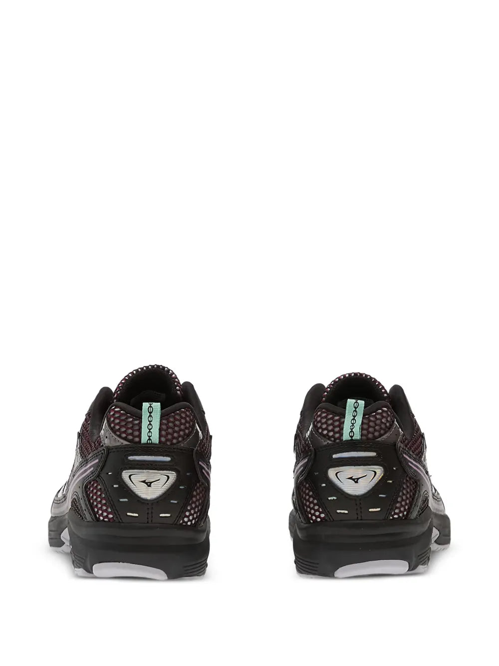 Pair of dark sneakers rear view with cushioned heel and logo at back