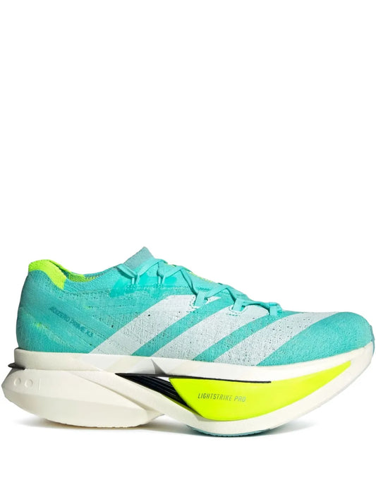 adidas teal running shoe with white stripes, lime accents, lace-up