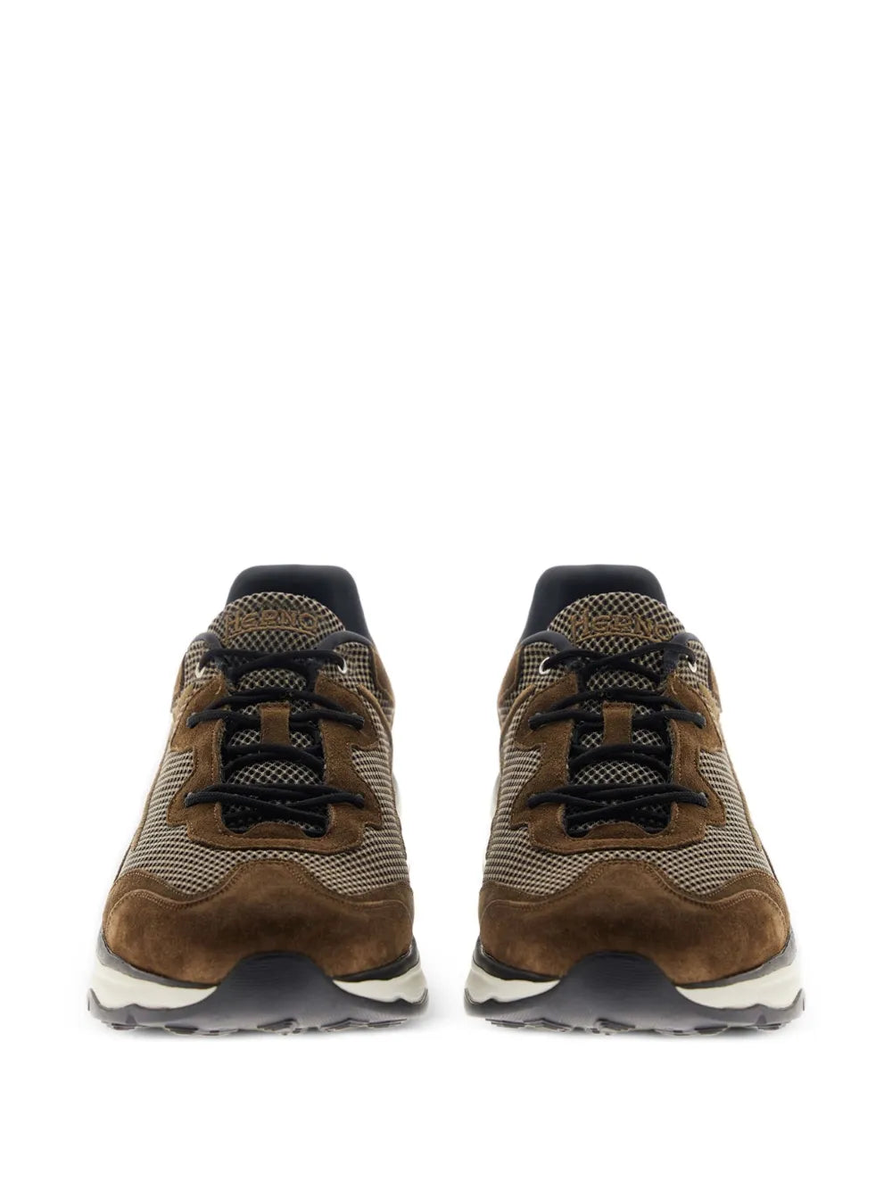 Herno brown lace-up sneakers with mesh overlay, suede sides, black laces, treaded sole