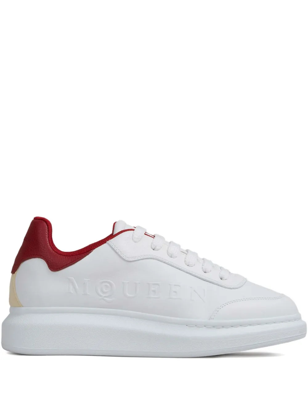 White and red oversized embossed leather-look trainers with lace-up front