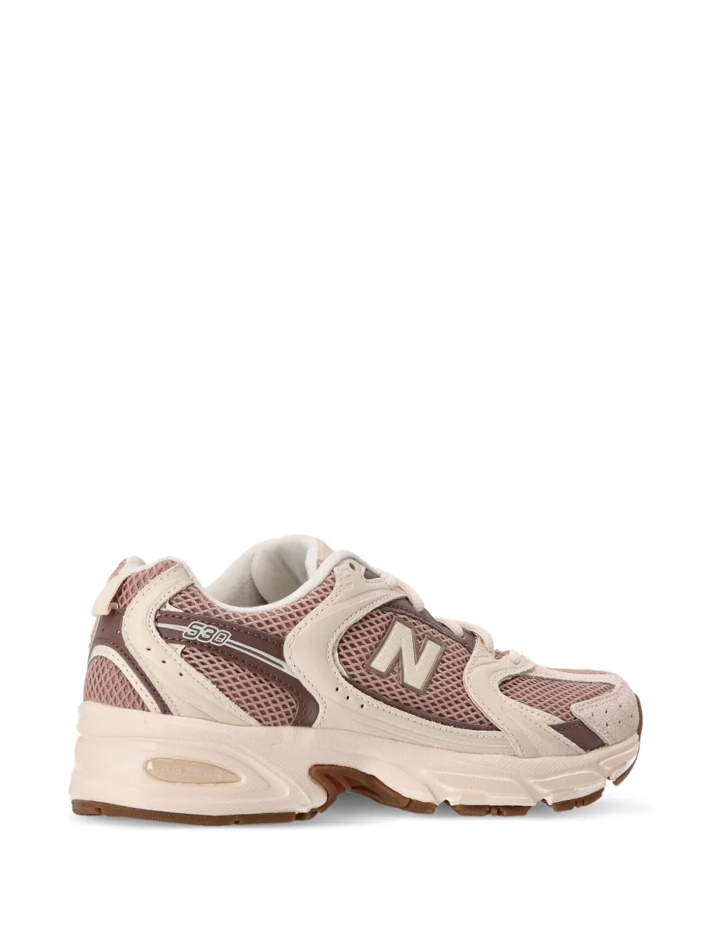 Cream and light pink trainers, side profile with N logo and chunky sole
